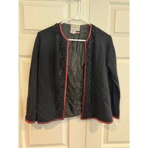 VINTAGE 50’s 60’s Casa Cavanagh Black Beaded Sequin Wool Silk Flower Cardigan